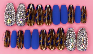 Peacock Blues Glitz Round Coffin Gloss Matte Finish Press On Nails Long