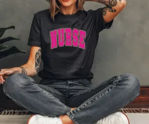 Pink Nurse with Leopard Outline Black Tee