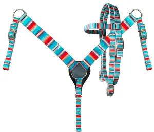 PONY SIZE Nylon Headstall or Breastcollar set With Teal Serape Print Design.