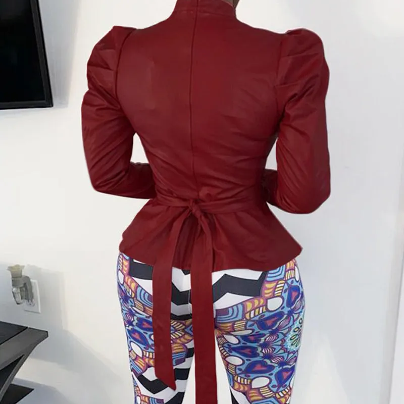 PU Long Puff Sleeve Top With Belt