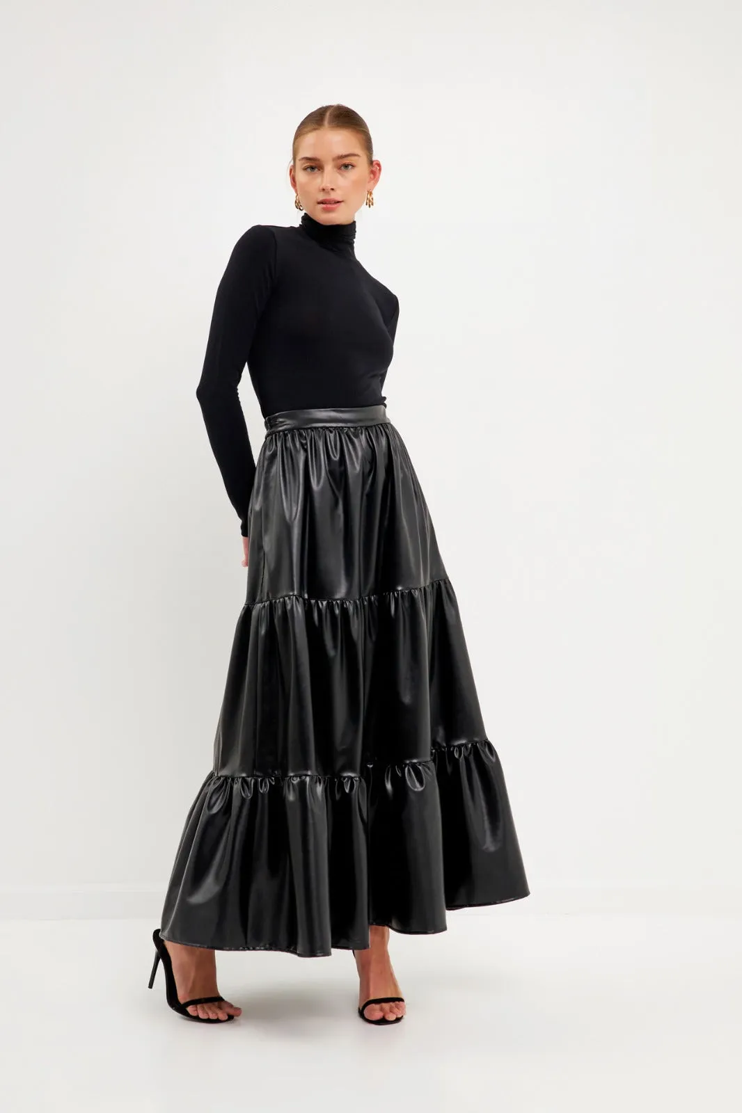 Pu Material Tiered Long Skirt