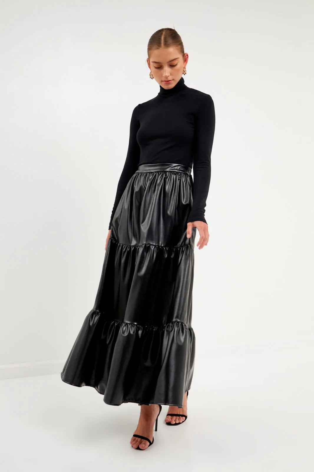Pu Material Tiered Long Skirt