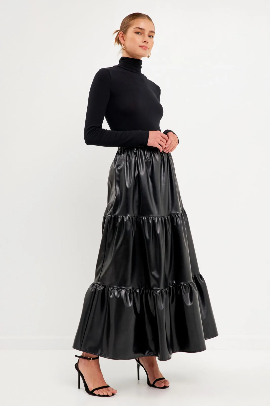 Pu Material Tiered Long Skirt