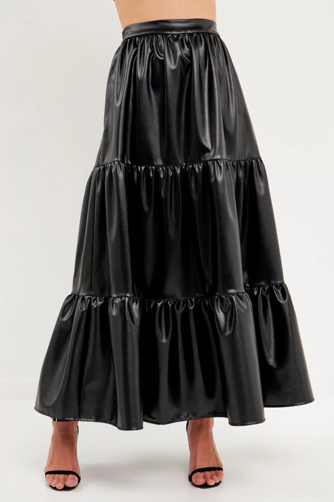 Pu Material Tiered Long Skirt