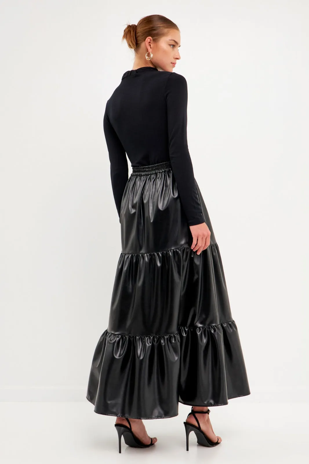 Pu Material Tiered Long Skirt
