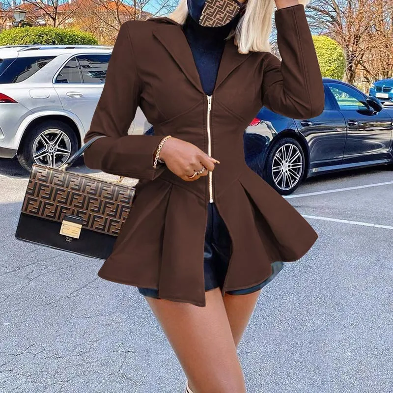 PU V-Neck Lapel Zipper Design Ruffles Coat