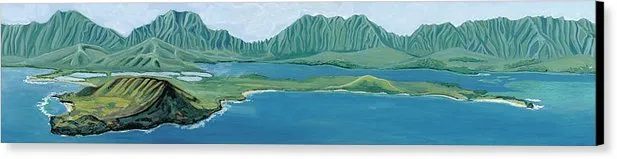 "Windward Passage 1" Beautiful Windward Oahu Panorama Diptych Painting, Kaneohe - Canvas Print