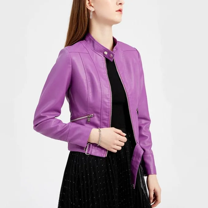 Raveena - Violet PU Leather Cropped Jacket