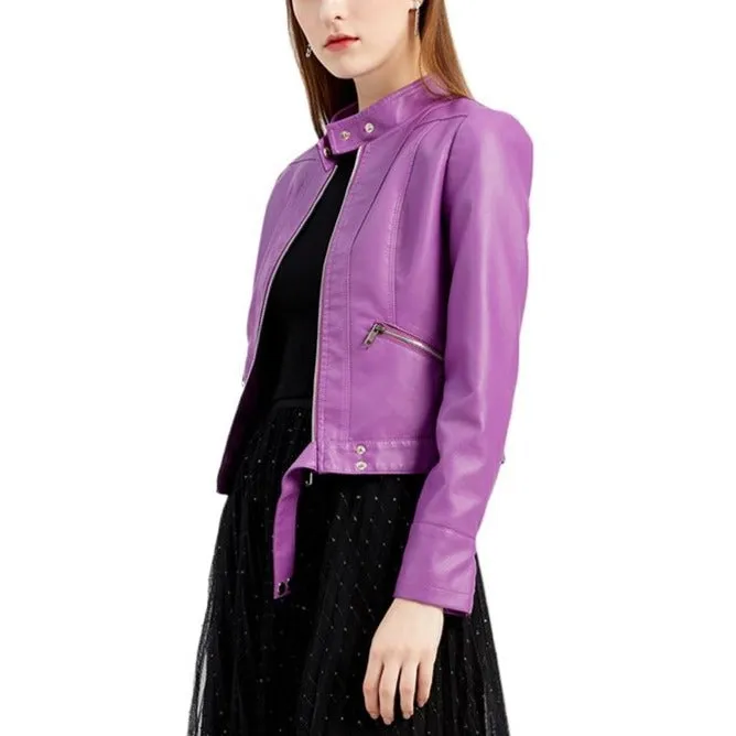 Raveena - Violet PU Leather Cropped Jacket