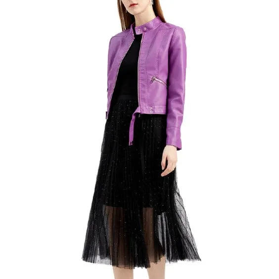 Raveena - Violet PU Leather Cropped Jacket