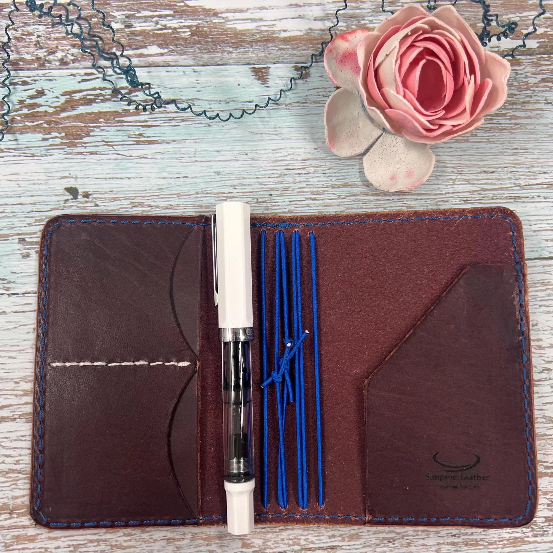 Ready-to-ship, PASSPORT Cover, Traveler's Notebook Burgandy Deluxe w Two Internal Pockets, Full-Grain Leather, 5-3/8"x8.5" (open flat)