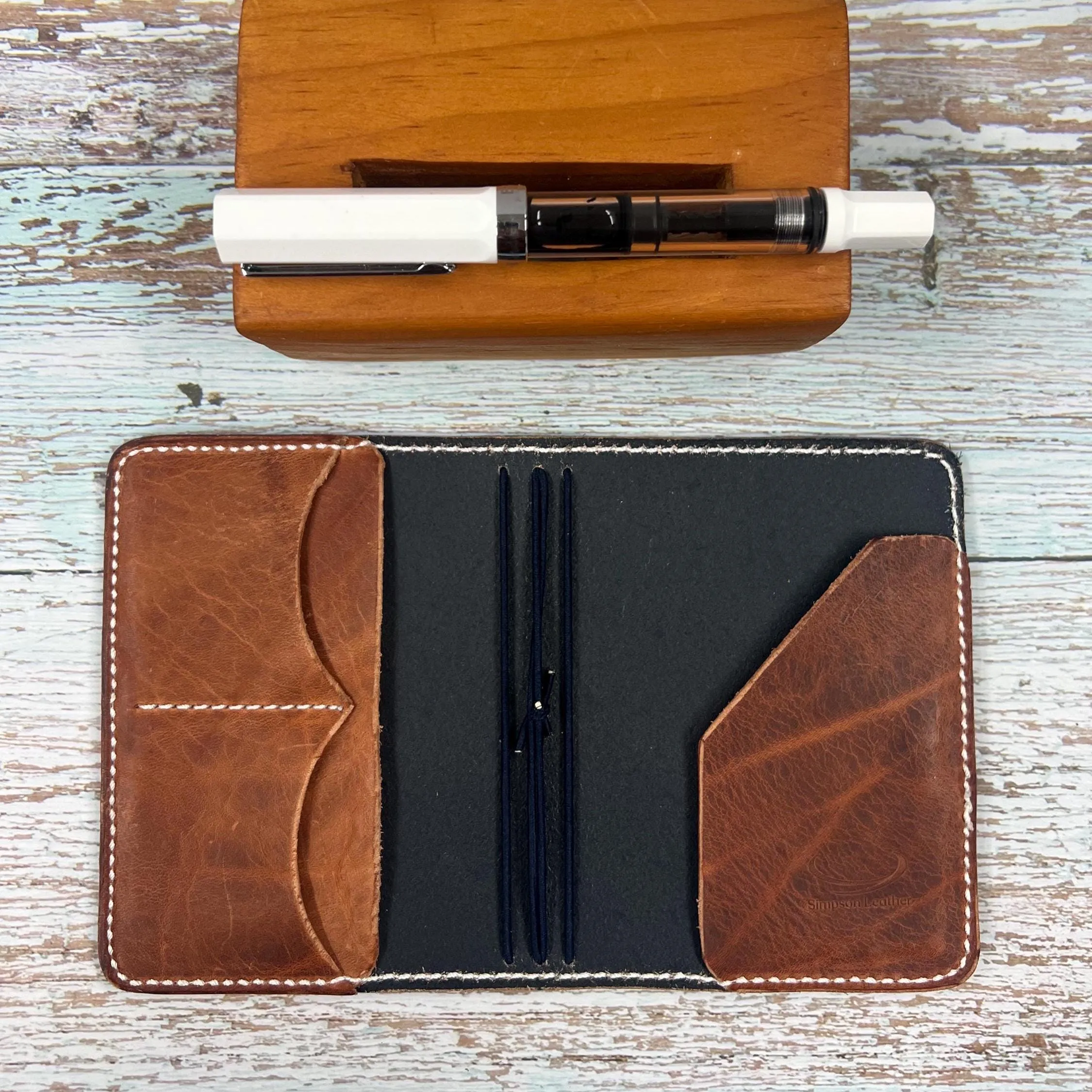Ready-to-ship, PASSPORT Cover, Traveler's Notebook Navy Deluxe with Brown internal pockets, Full-Grain Leather, 5-3/8"x8.5" (open flat)