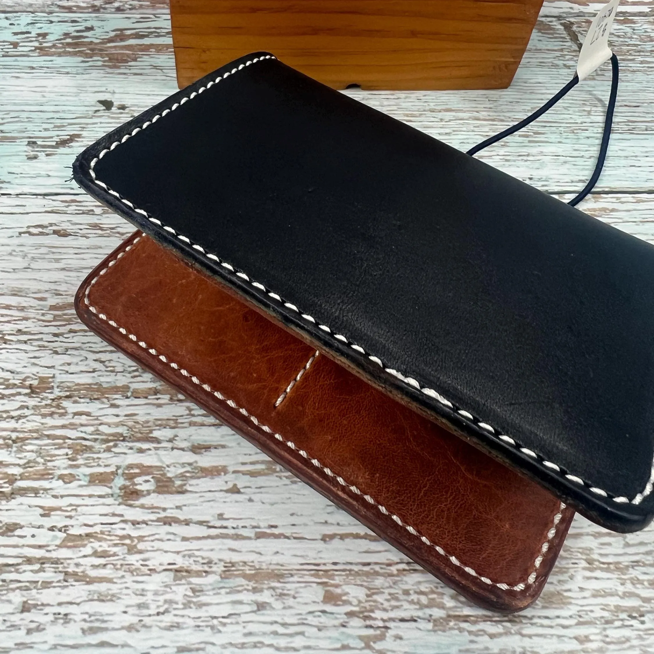 Ready-to-ship, PASSPORT Cover, Traveler's Notebook Navy Deluxe with Brown internal pockets, Full-Grain Leather, 5-3/8"x8.5" (open flat)