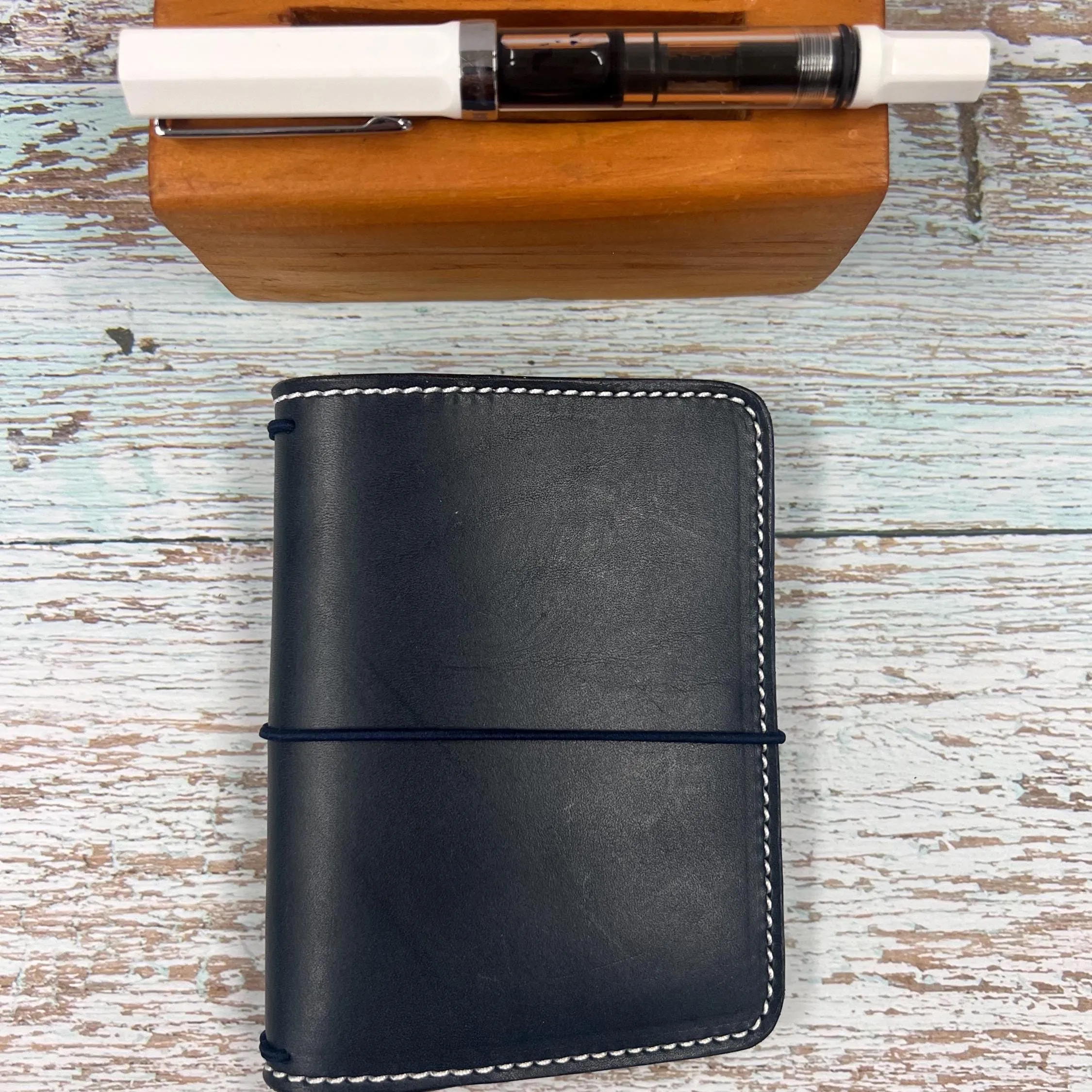 Ready-to-ship, PASSPORT Cover, Traveler's Notebook Navy Deluxe with Brown internal pockets, Full-Grain Leather, 5-3/8"x8.5" (open flat)