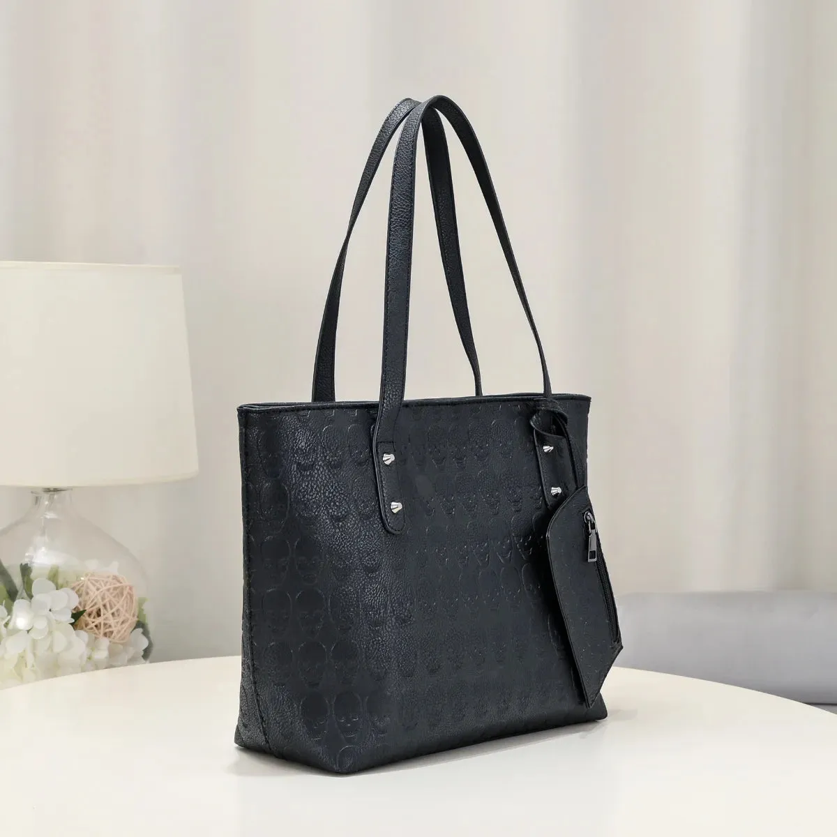 Ro Rox Skulls Bag - Black Faux Leather Tote with Skull Design