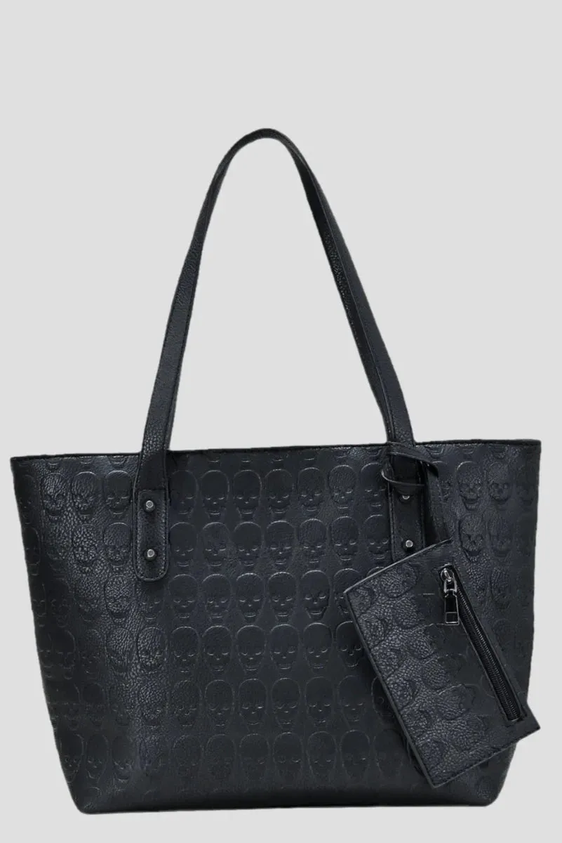 Ro Rox Skulls Bag - Black Faux Leather Tote with Skull Design