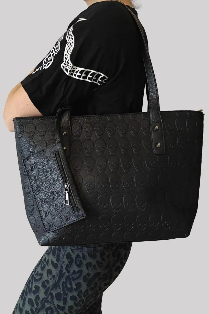 Ro Rox Skulls Bag - Black Faux Leather Tote with Skull Design