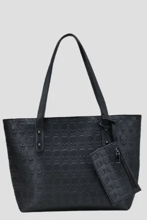 Ro Rox Skulls Bag - Black Faux Leather Tote with Skull Design