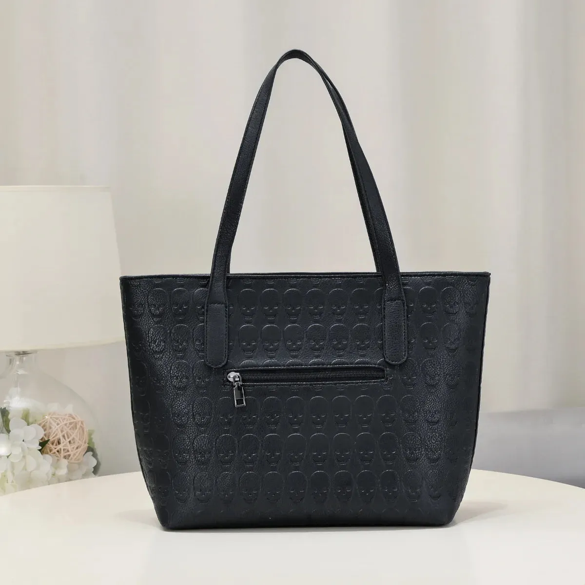 Ro Rox Skulls Bag - Black Faux Leather Tote with Skull Design