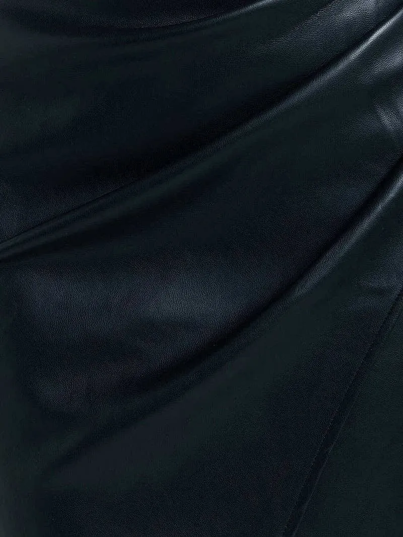 Ruched Faux Leather Split-Hem Midi Skirt: BLACK