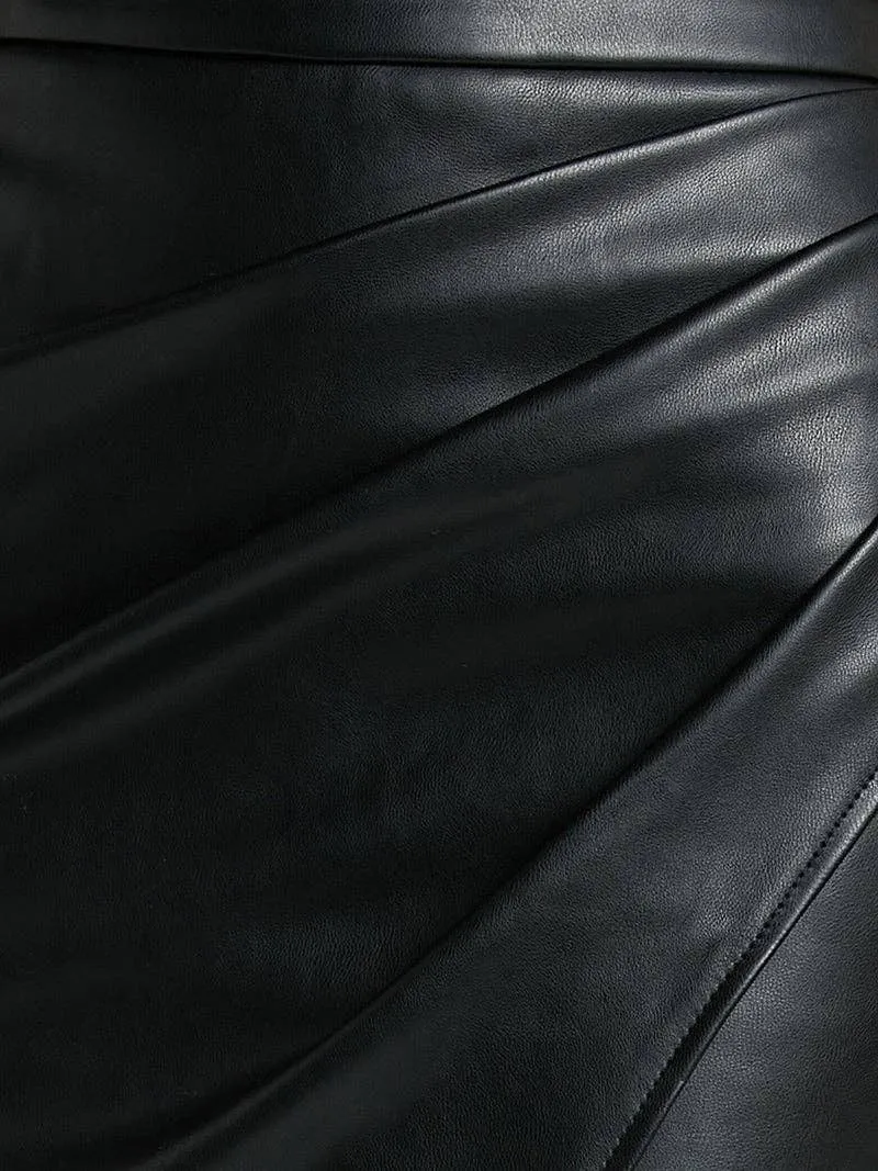 Ruched Faux Leather Split-Hem Midi Skirt: BLACK