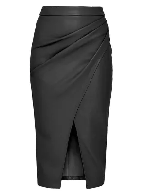Ruched Faux Leather Split-Hem Midi Skirt: BLACK