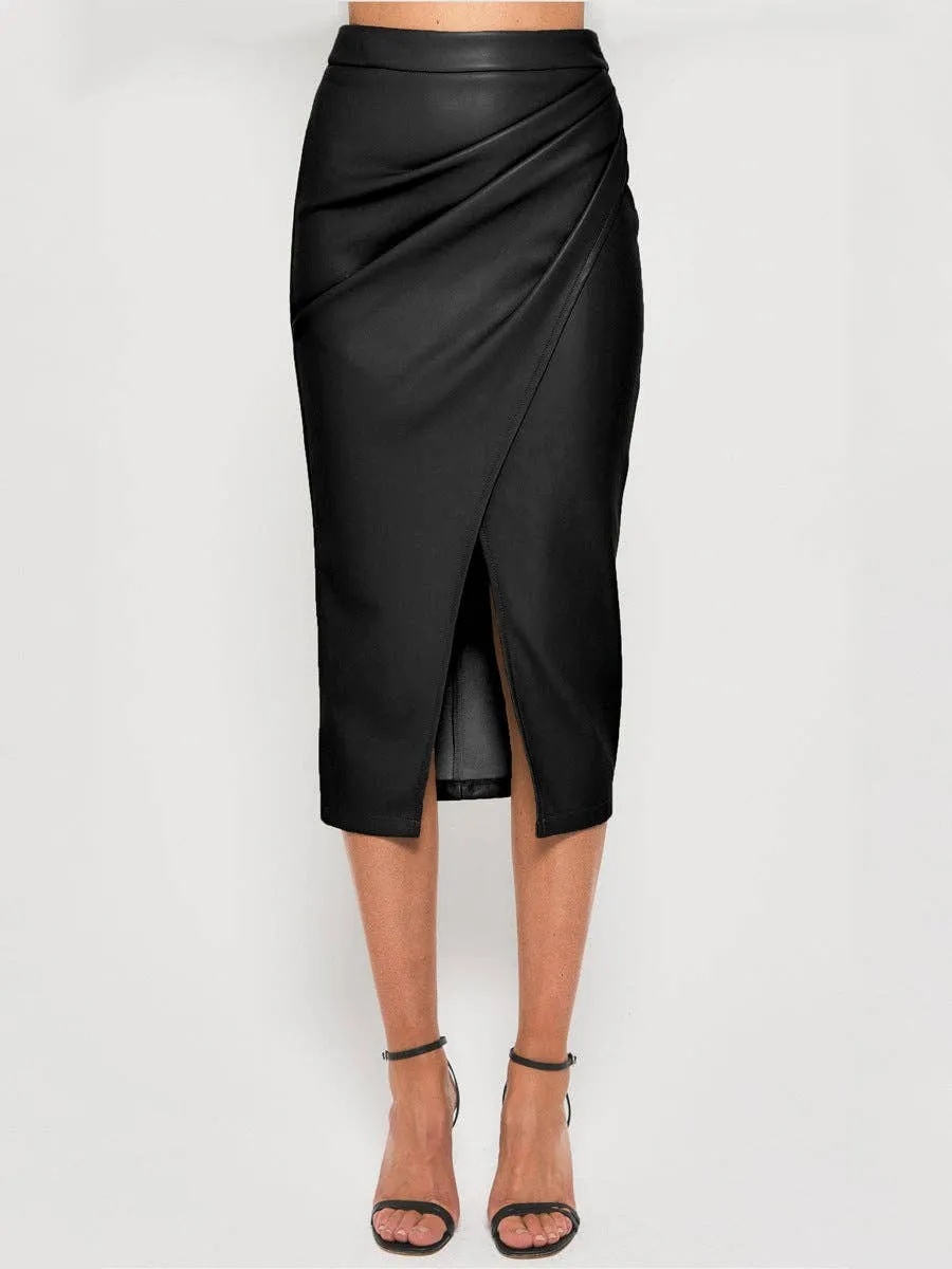 Ruched Faux Leather Split-Hem Midi Skirt: BLACK