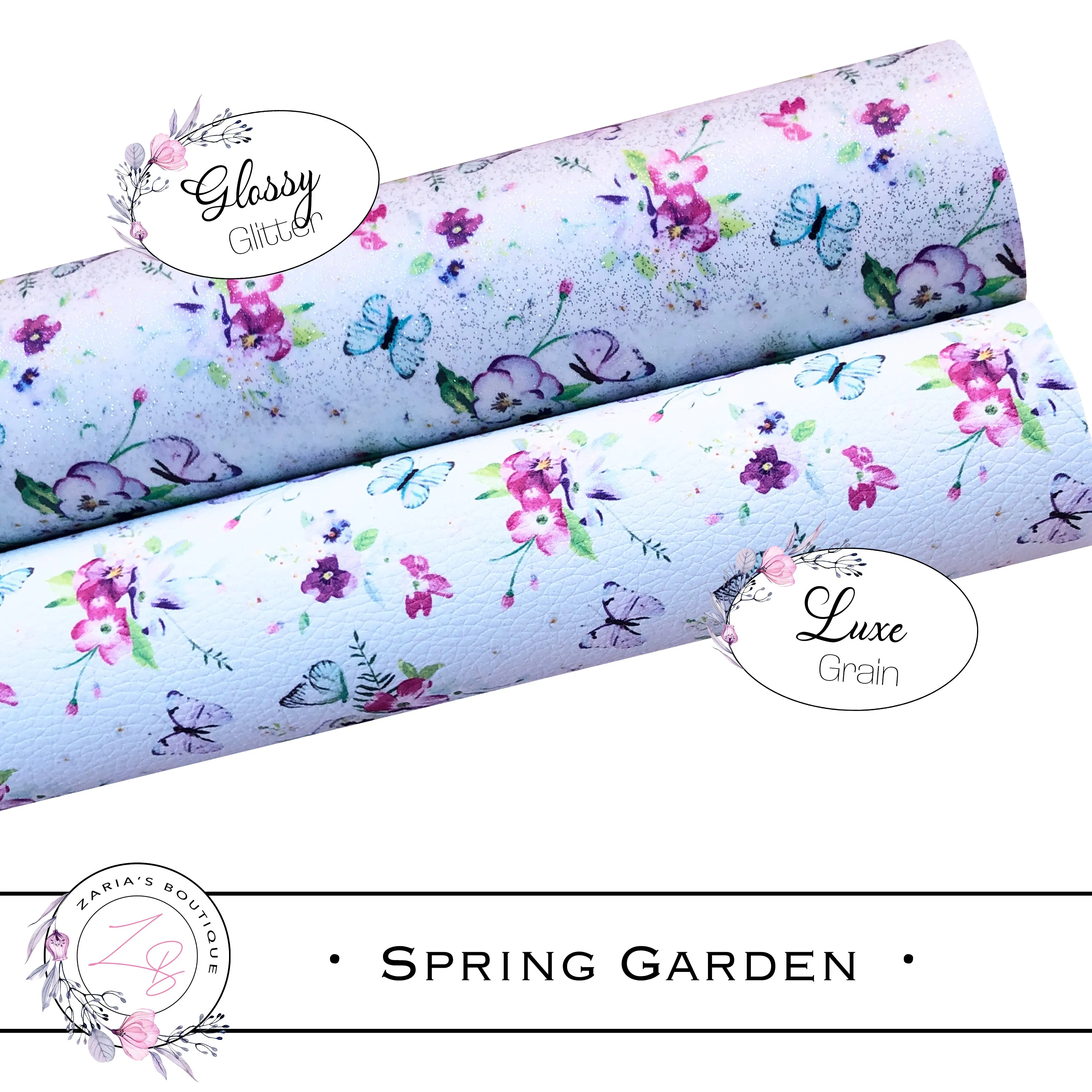 SALE ⋅ Spring Garden ⋅ Blue Pansies & Butterflies ⋅ Floral Luxe Grain or Smooth Glossy Glitter ⋅