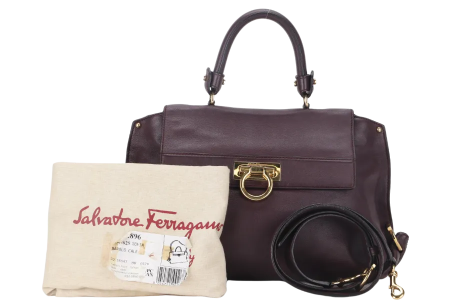 SALVATORE FERRAGAMO GANCINI SHOULDER BAG DARK PURPLE CALF LEATHER BW-21-A896 WITH DUST COVER