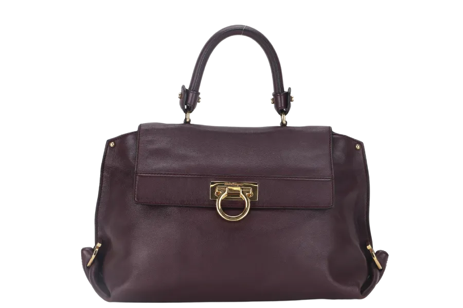 SALVATORE FERRAGAMO GANCINI SHOULDER BAG DARK PURPLE CALF LEATHER BW-21-A896 WITH DUST COVER
