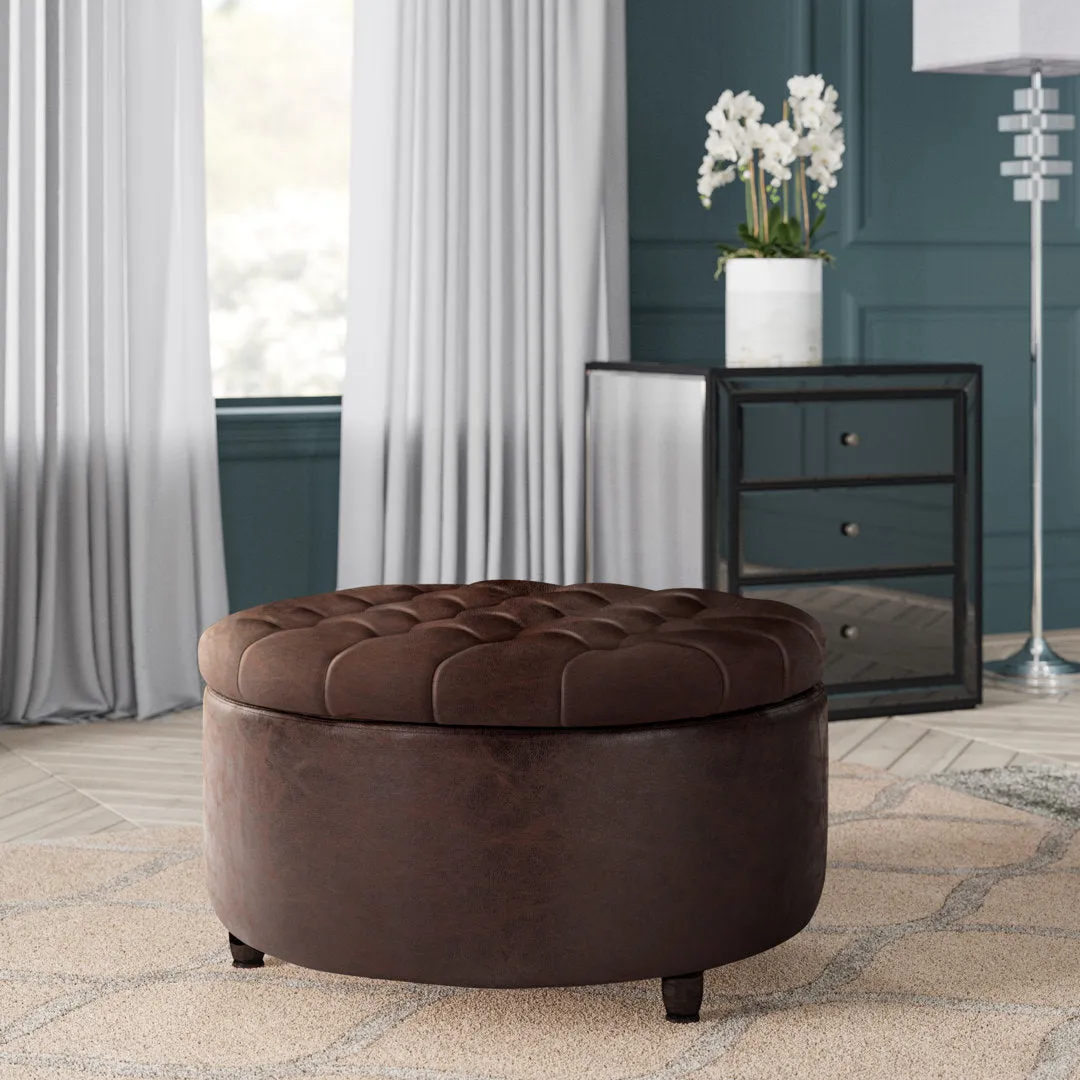 Sanni 28" Wide Faux Leather Round Storage Ottoman Greyleigh™ Upholstery Color: Dark Brown Faux Leather