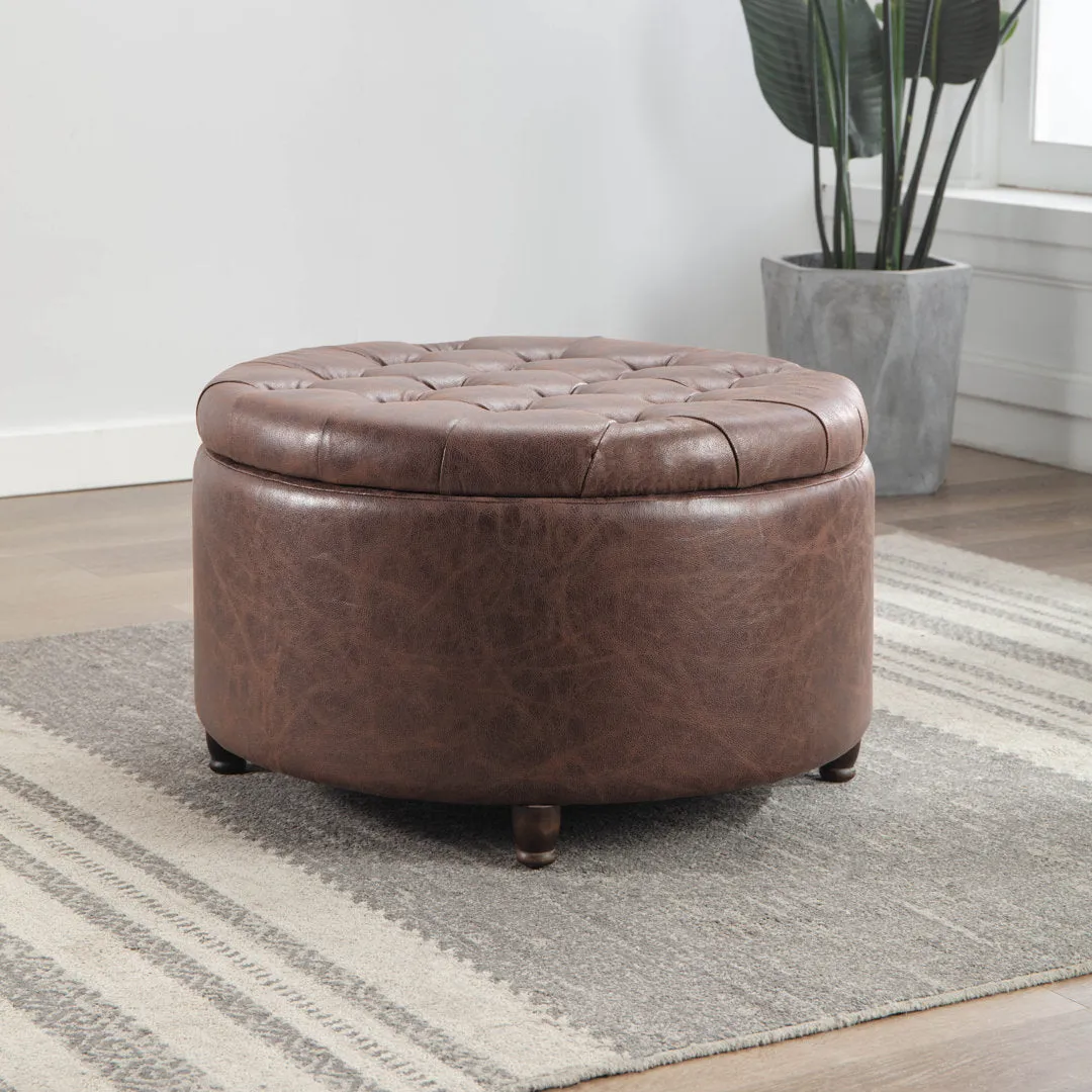 Sanni 28" Wide Faux Leather Round Storage Ottoman Greyleigh™ Upholstery Color: Dark Brown Faux Leather