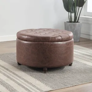 Sanni 28" Wide Faux Leather Round Storage Ottoman Greyleigh™ Upholstery Color: Dark Brown Faux Leather