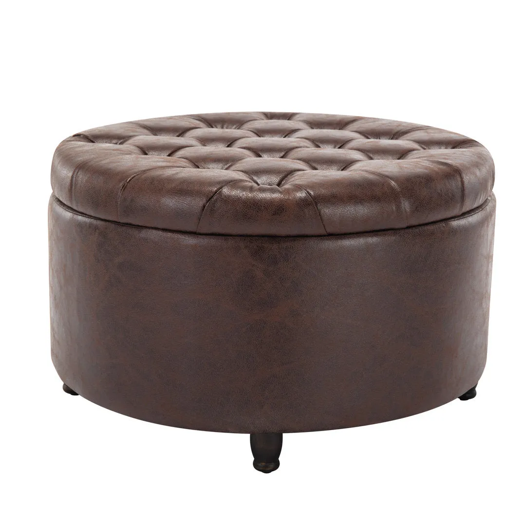Sanni 28" Wide Faux Leather Round Storage Ottoman Greyleigh™ Upholstery Color: Dark Brown Faux Leather