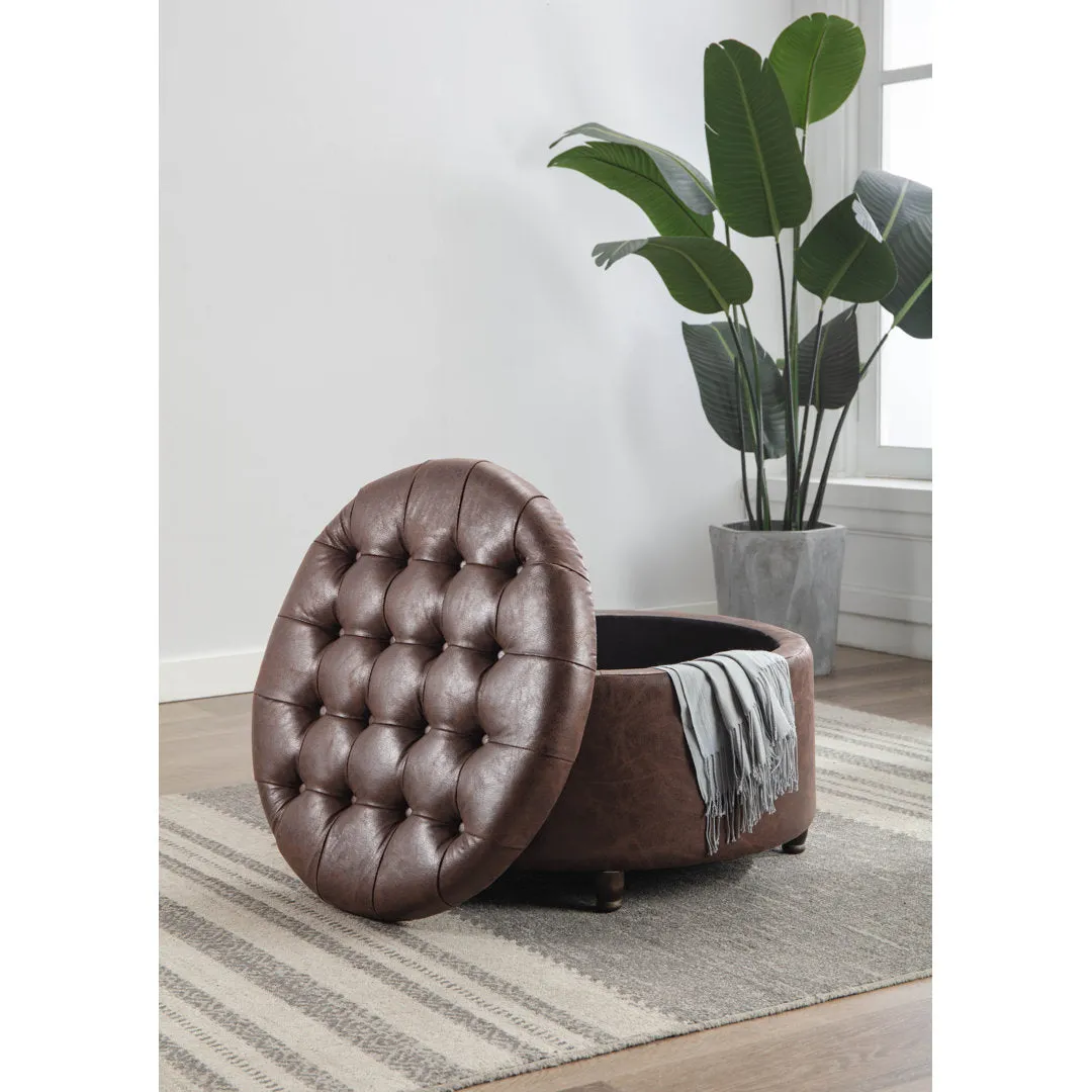 Sanni 28" Wide Faux Leather Round Storage Ottoman Greyleigh™ Upholstery Color: Dark Brown Faux Leather
