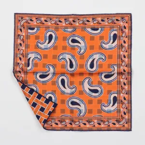 Seaward & Stearn Reversible Pocket Square - Orange/Navy Paisley