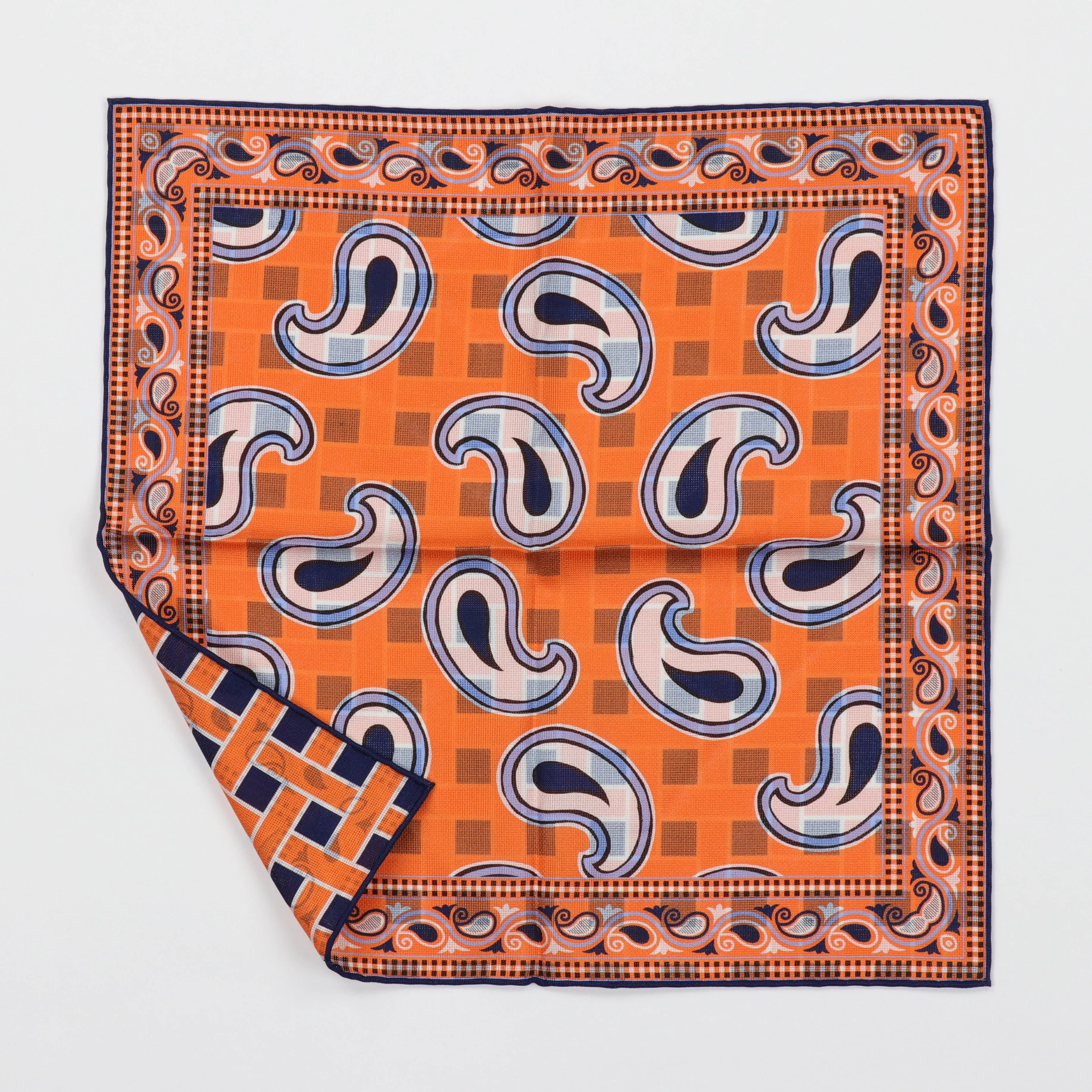 Seaward & Stearn Reversible Pocket Square - Orange/Navy Paisley