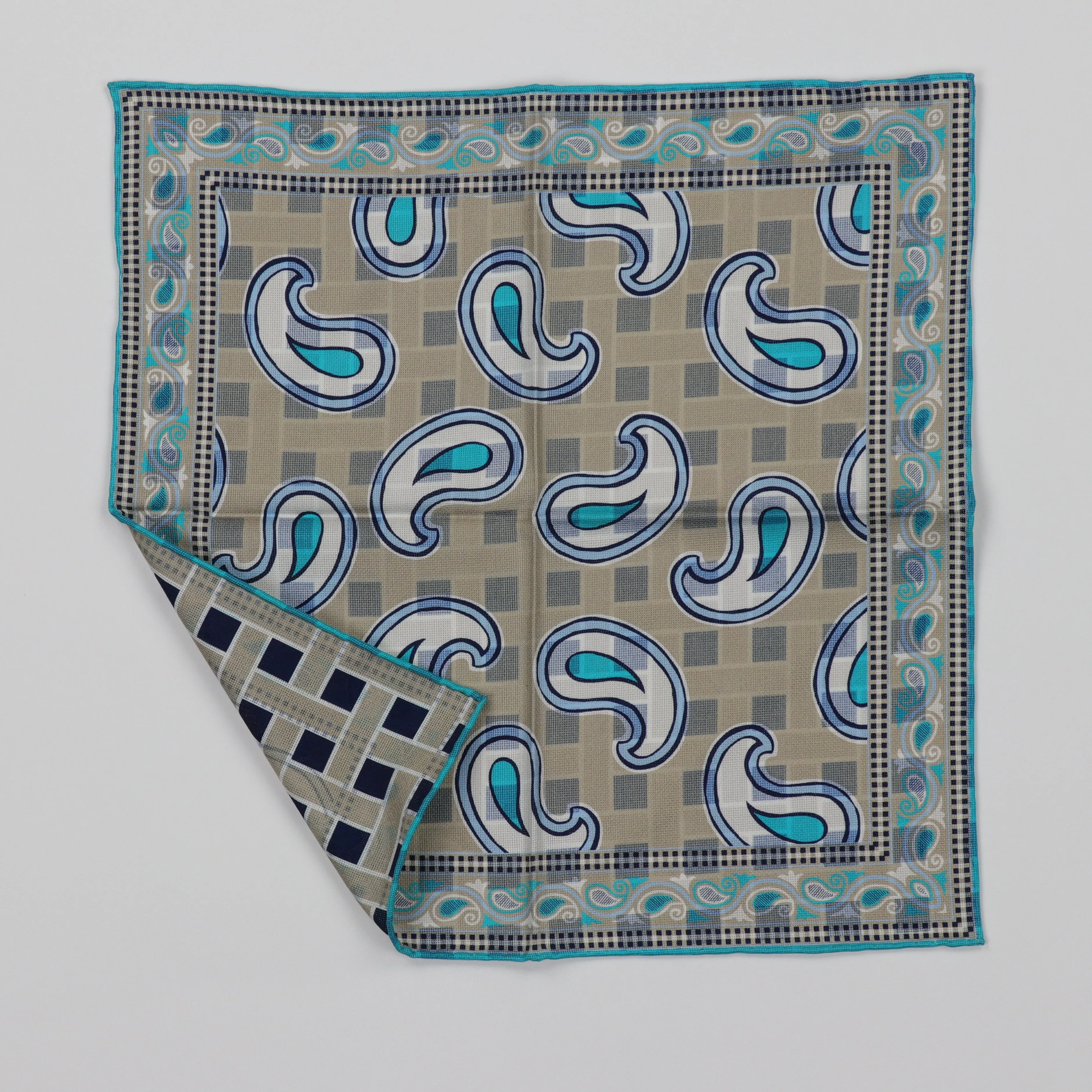 Seaward & Stearn Reversible Pocket Square - Tan/Teal Paisley