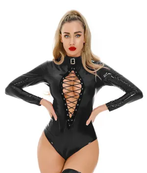Seductive Lace-Up PU Leather Bodysuit with High Gloss Finish