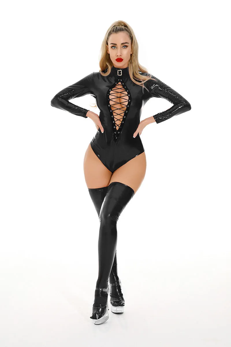 Seductive Lace-Up PU Leather Bodysuit with High Gloss Finish