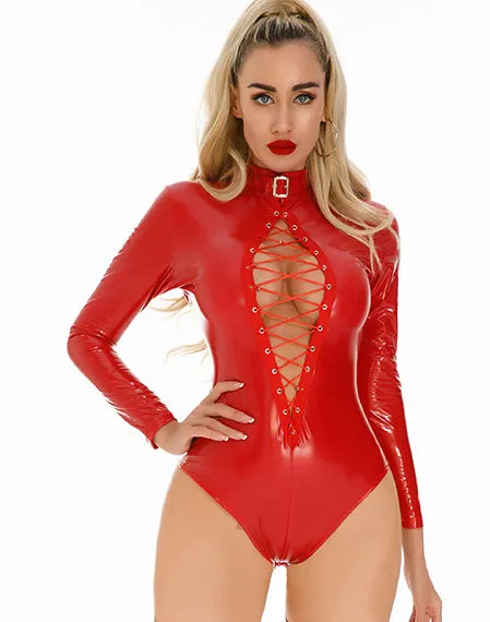 Seductive Lace-Up PU Leather Bodysuit with High Gloss Finish