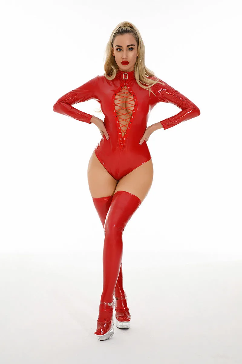 Seductive Lace-Up PU Leather Bodysuit with High Gloss Finish