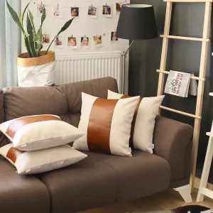 Set of 4 White and Brown Faux Leather Pillow Covers