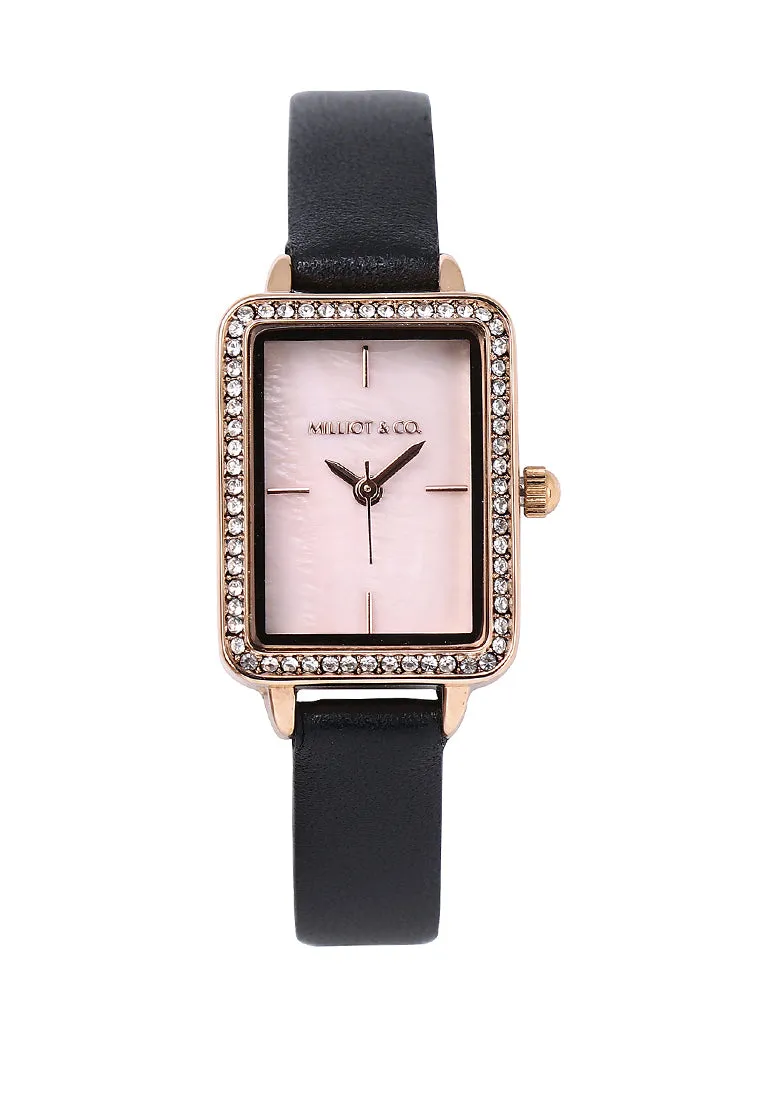 Shirley Rose Gold Leather Watch with Bangle Set (Black)