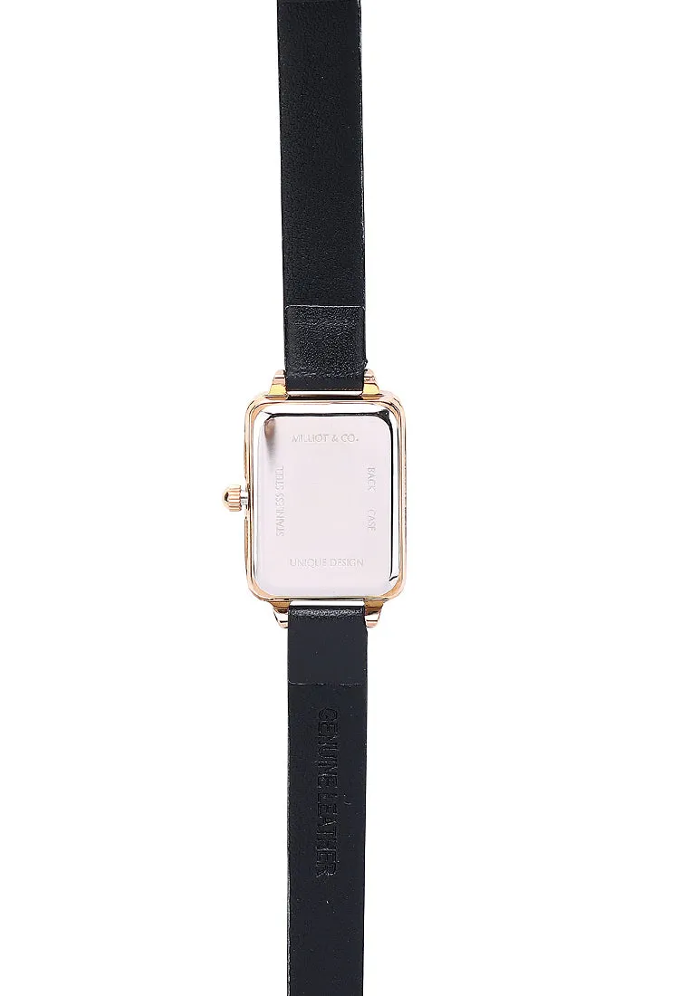 Shirley Rose Gold Leather Watch with Bangle Set (Black)
