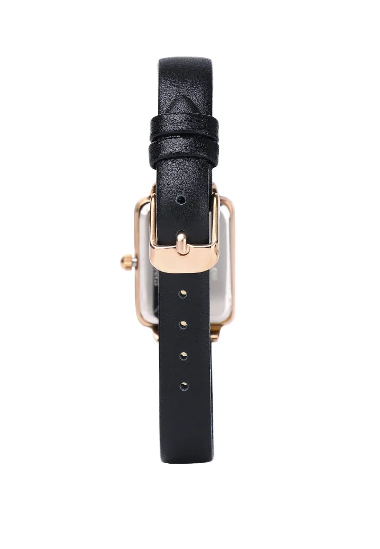 Shirley Rose Gold Leather Watch with Bangle Set (Black)