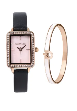 Shirley Rose Gold Leather Watch with Bangle Set (Black)
