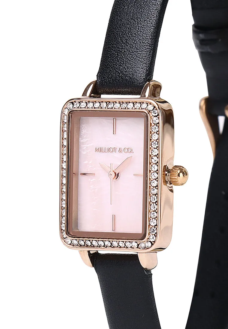 Shirley Rose Gold Leather Watch with Bangle Set (Black)