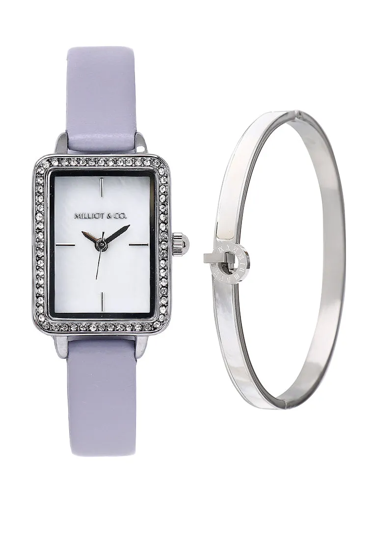 Shirley Silver Leather Watch with Bangle Set (Thistle)