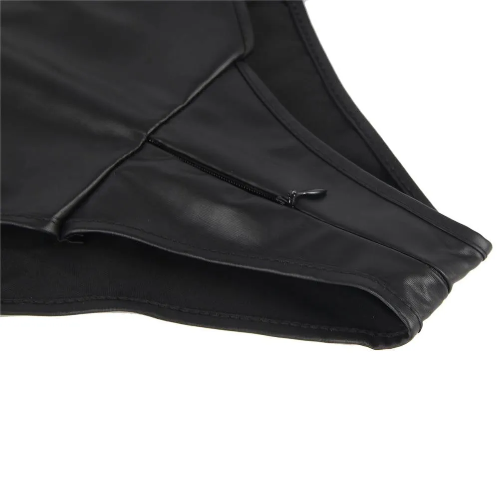 Sleeveless Bodysuit Black PU Leather Open Bust Temptation